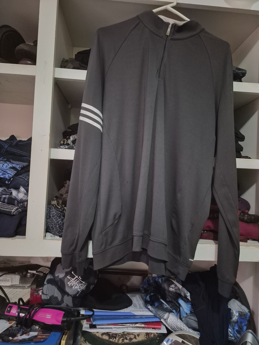 Men's Charcoal Gray Half-Zip Sweatshirt with Stripe Sleeve